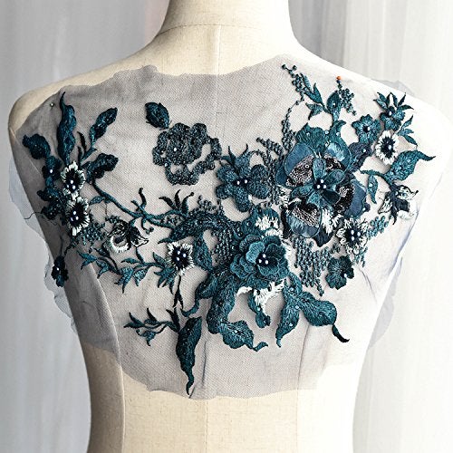 FEEPOP 3D Embroidered Patches Nail Bead Tulle Applique Flower Patch for Clothing Wedding Dress Lace C Fabric DIY Decoration (Blue) - Image 1